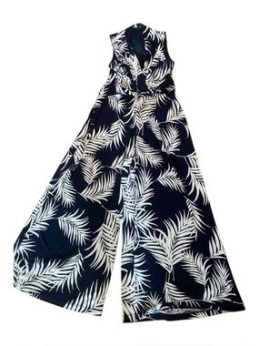 Jessica Howard Embroidered Palm Jumpsuit Navy White Wide Leg Belted Petite M